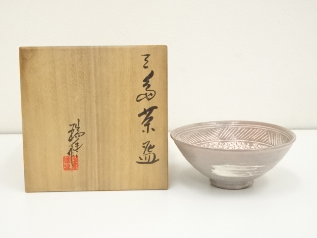 JAPANESE TEA CEREMONY / KYO WARE MISHIMA TEA BOWL CHAWAN / ZUIHO KAWAI